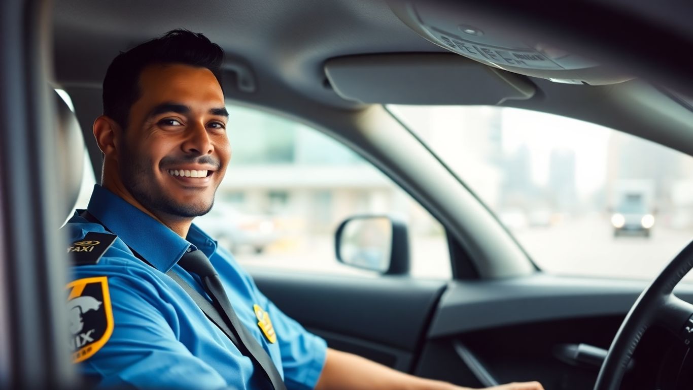 Taxi driver and passenger with Dallas cityscape.