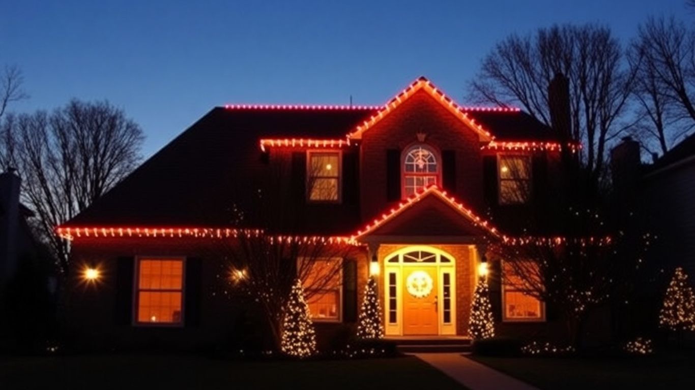 House with permanent Christmas lights glowing at dusk.
