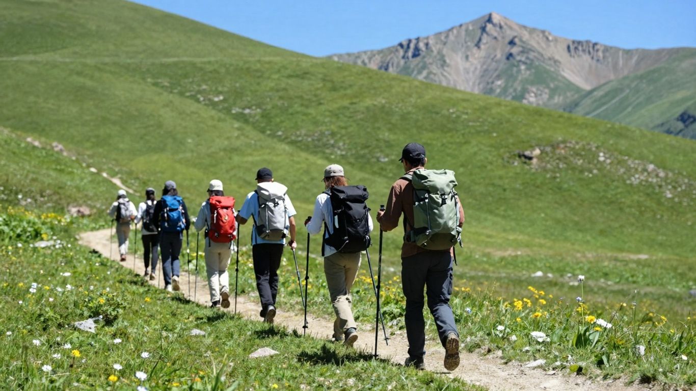 Wanderer auf einem Bergpfad mit Rucksäcken und Stöcken.
