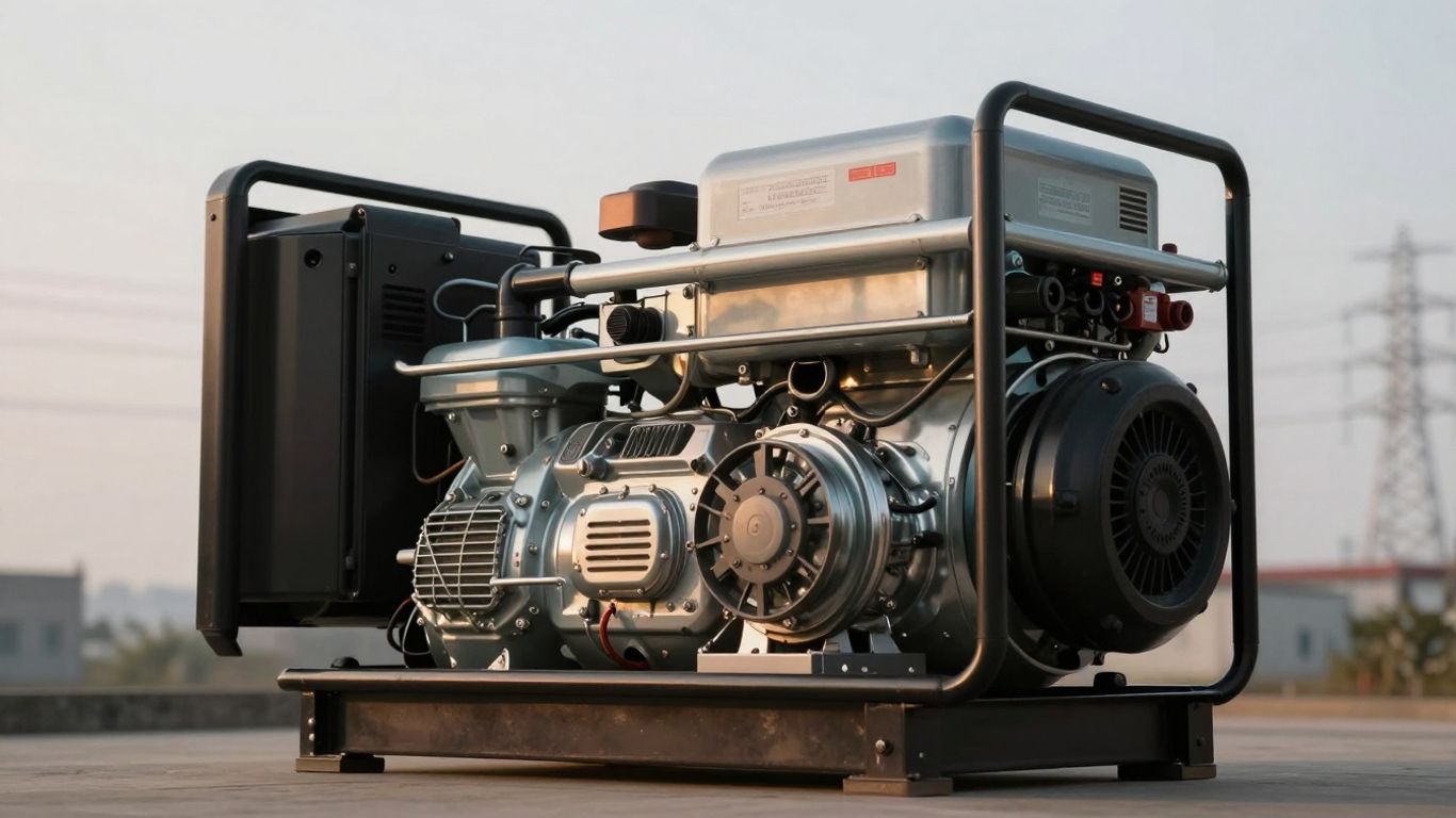 Diesel generator with power lines in background.