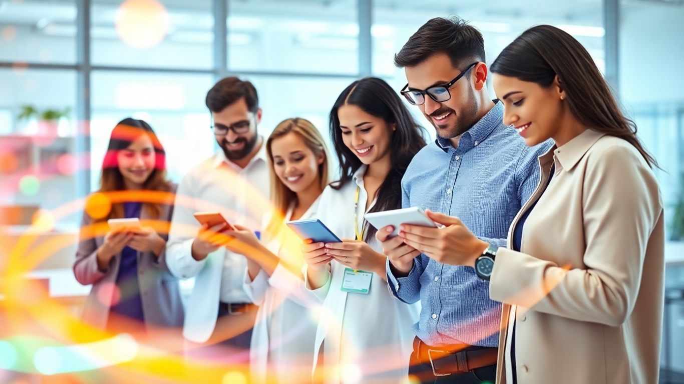 Pharma professionals engaging with digital devices and connectivity.