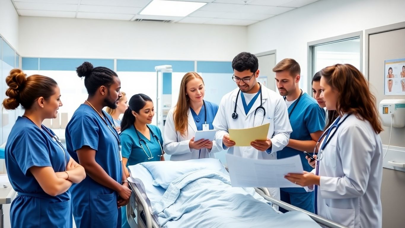 Gesundheitspersonal arbeitet zusammen in einem modernen Krankenhaus.