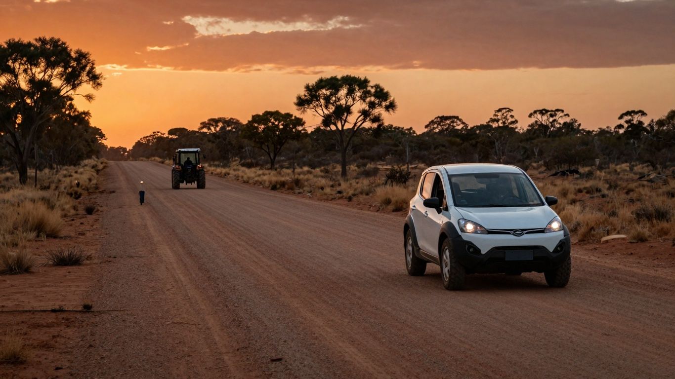 Electric car on remote Australian road with farmer watching.