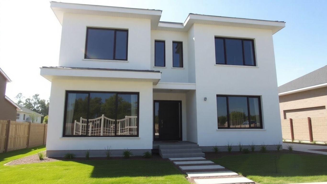 Newly constructed modern house with manicured landscaping.