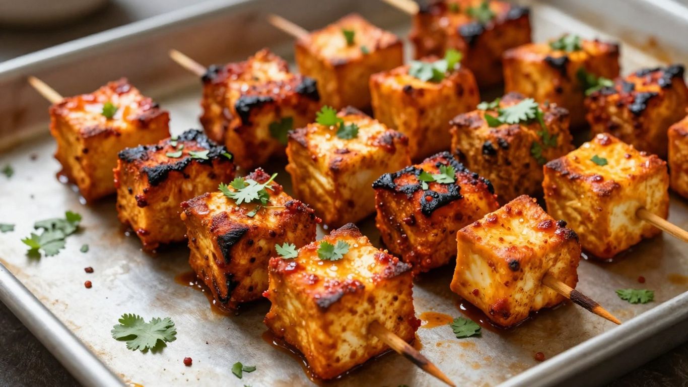 Paneer tikka skewers in an oven tray.