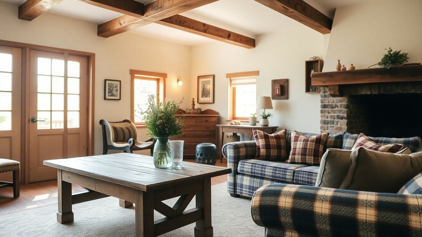 Cozy country living room with plaid sofa and wildflowers.
