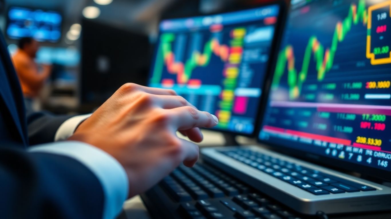 Trader's hands on a stock trading terminal.