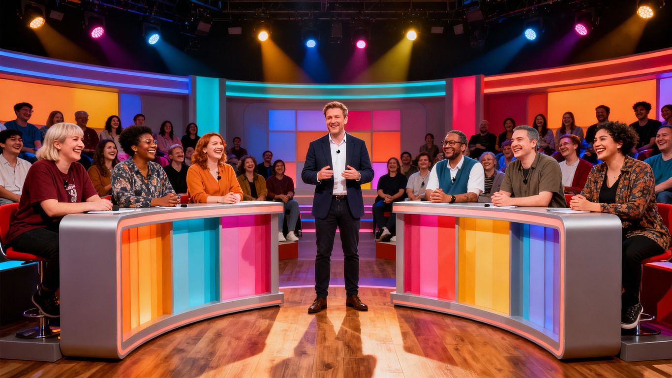 Gavin Lilley with panellists on comedy panel show set