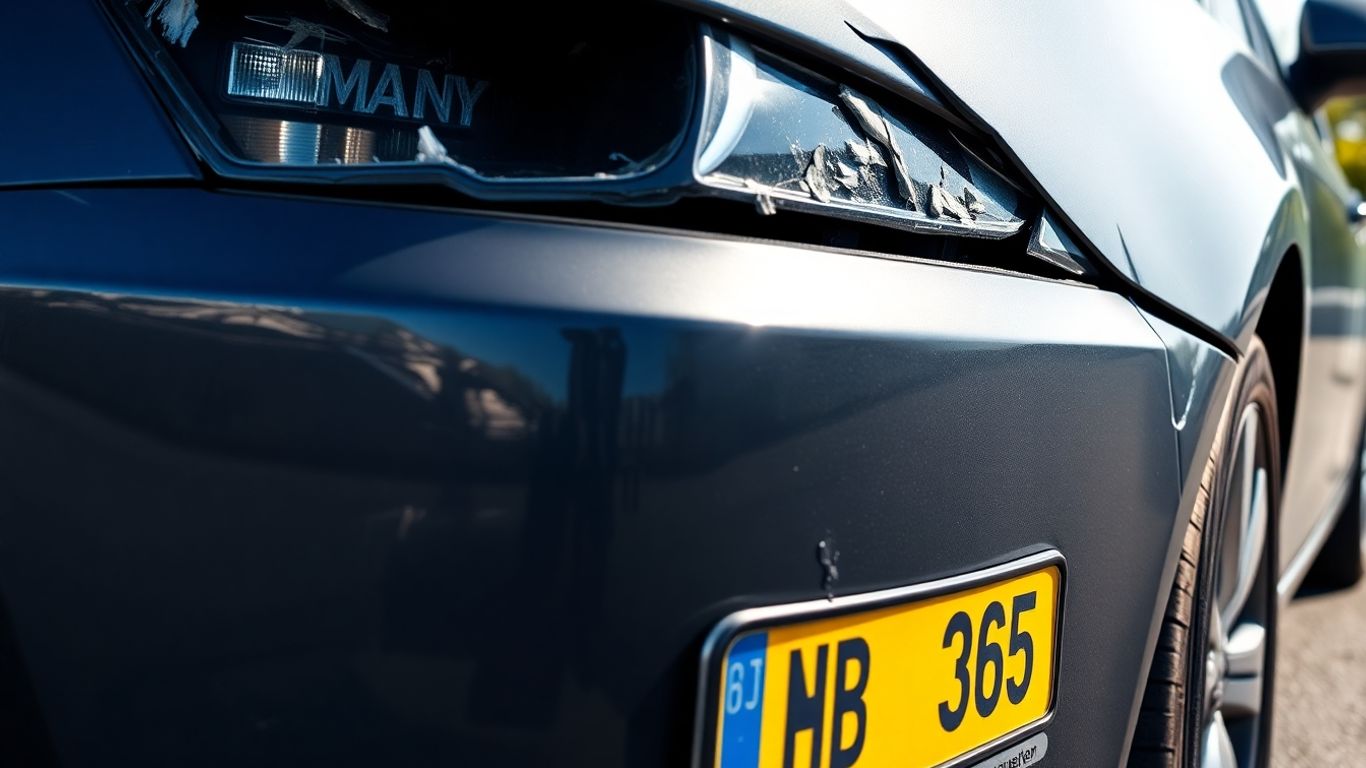Detaillierte Nahaufnahme von Autoschäden an einem deutschen Fahrzeug