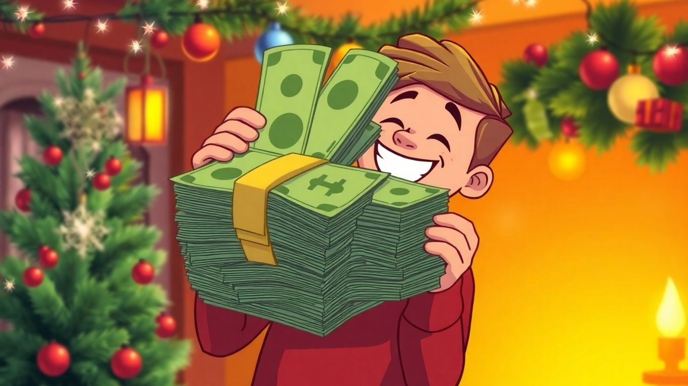 Person holding cash with holiday decorations