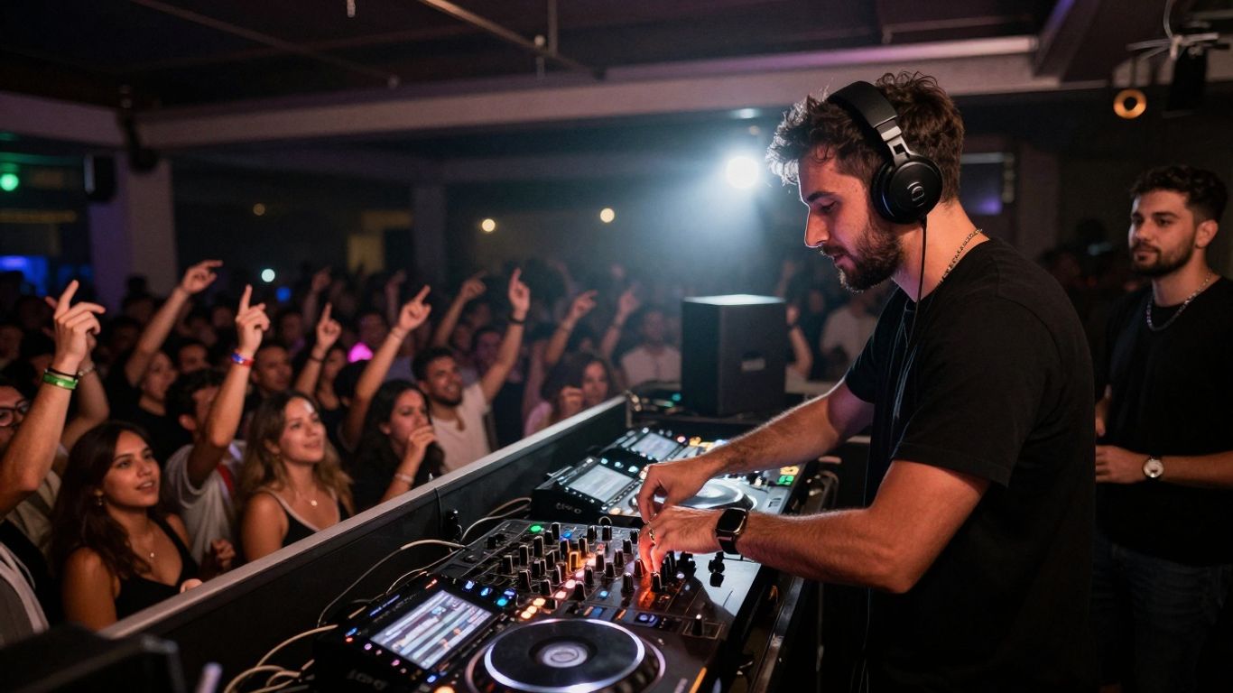 DJ performing at a lively event with dancing crowd.