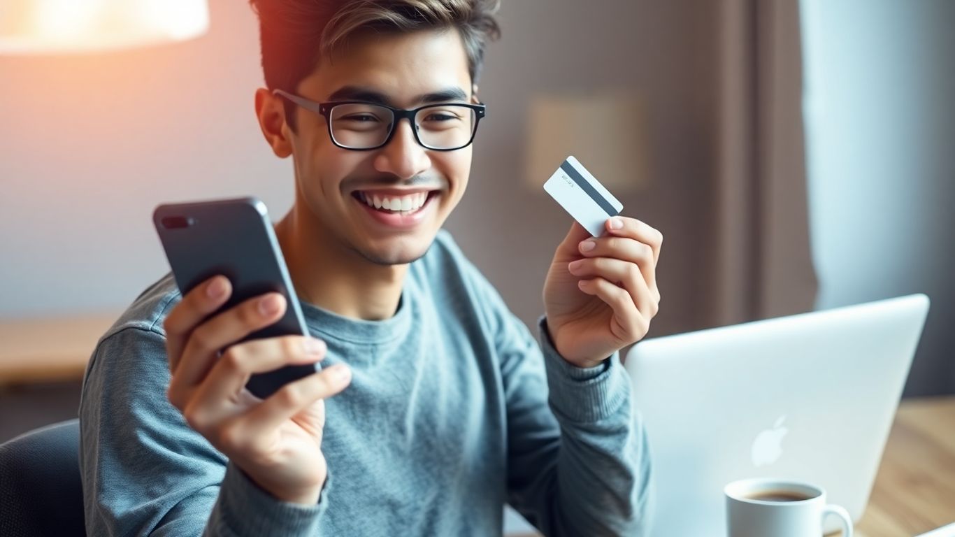 Pessoa feliz segurando cartão de crédito e smartphone em casa.