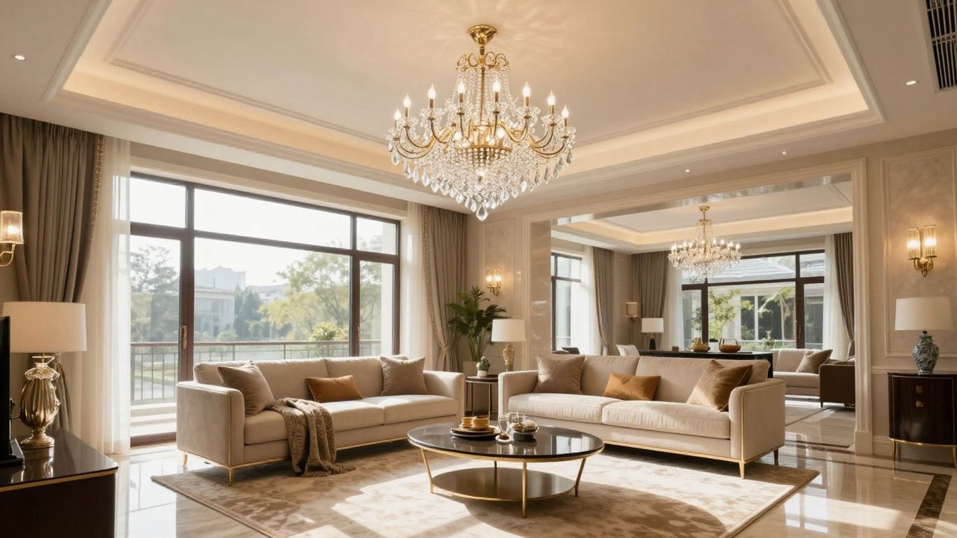 Elegant living room with a large crystal chandelier.