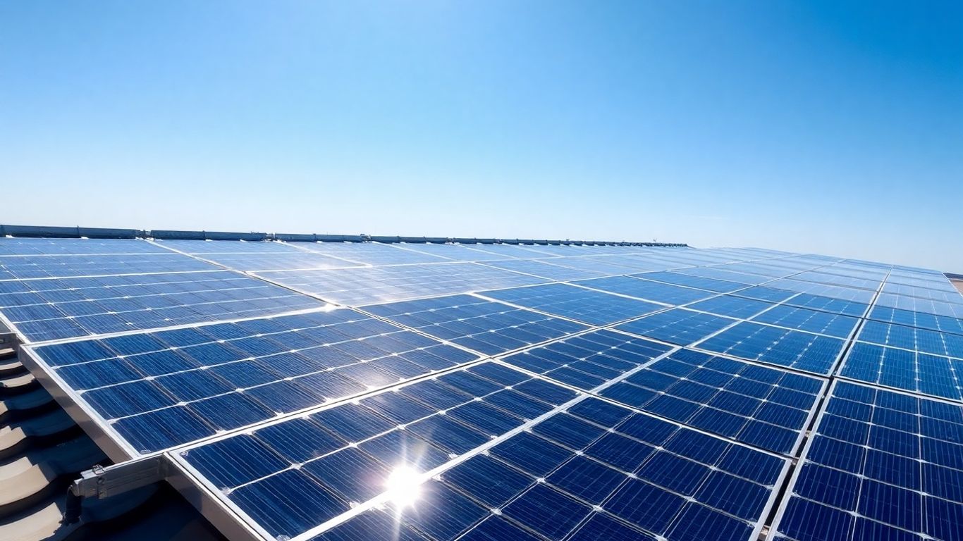 Panneaux solaires sur un toit sous un ciel bleu clair.