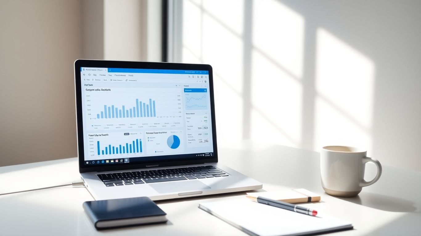 Sales report on a laptop screen.