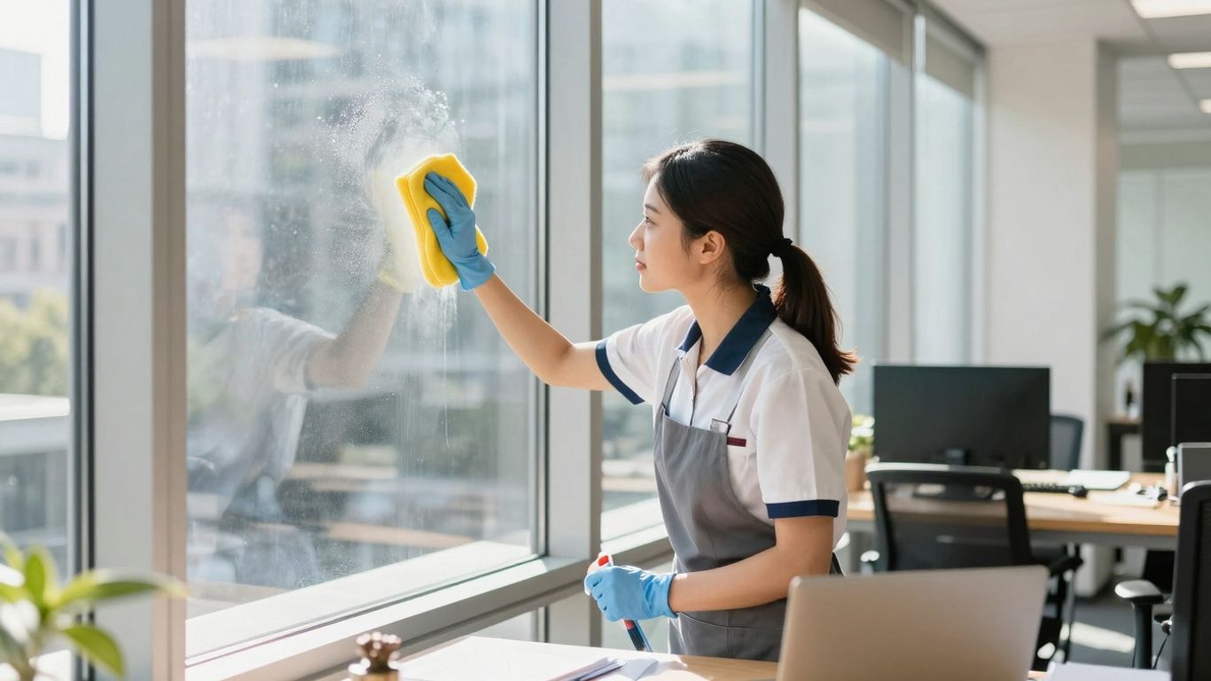 Profesionálny upratovač čistí okno v kancelárii.