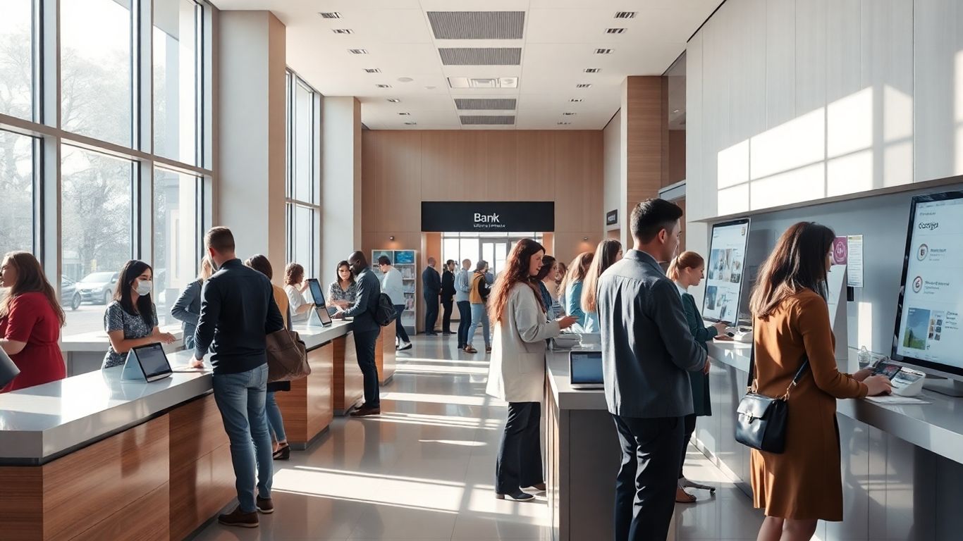 Banque moderne avec clients et interfaces numériques.
