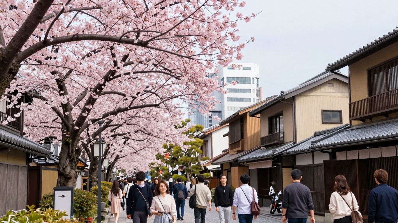 Osaka street with cherry blossoms and traditional architecture.
