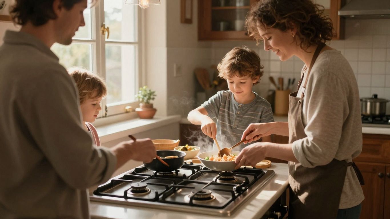 Famille cuisinant ensemble dans une cuisine chaleureuse.