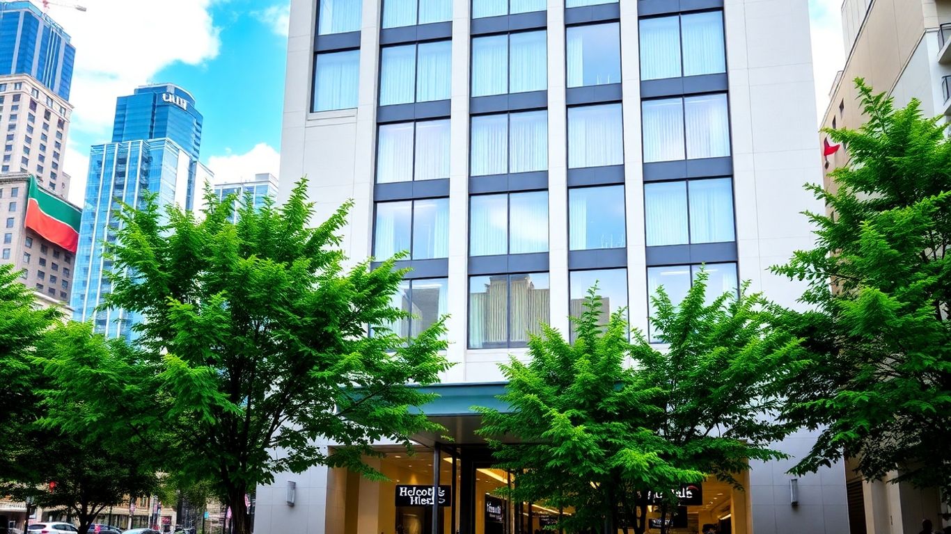 Modernes Hotel in Neckarstadt-Ost mit Stadtblick und Bäumen.
