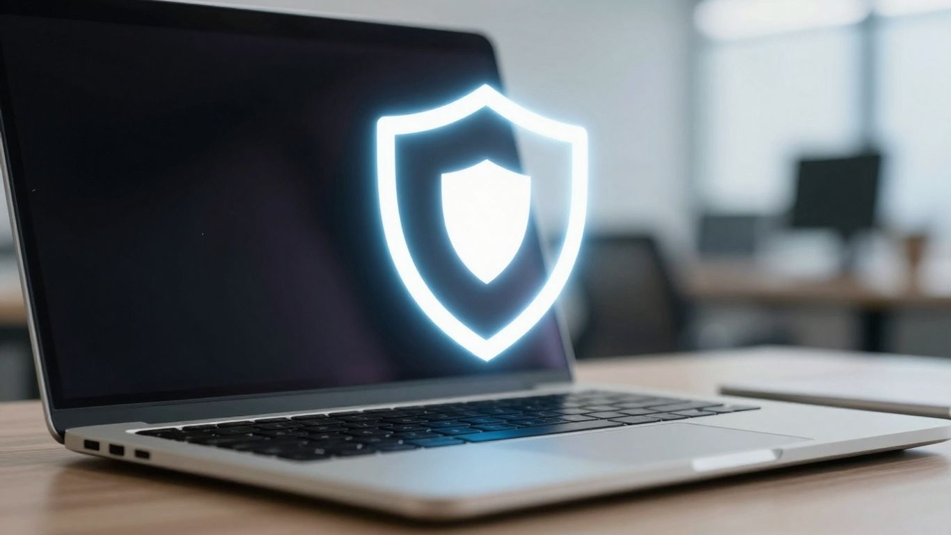 Laptop with a glowing shield icon for endpoint security.