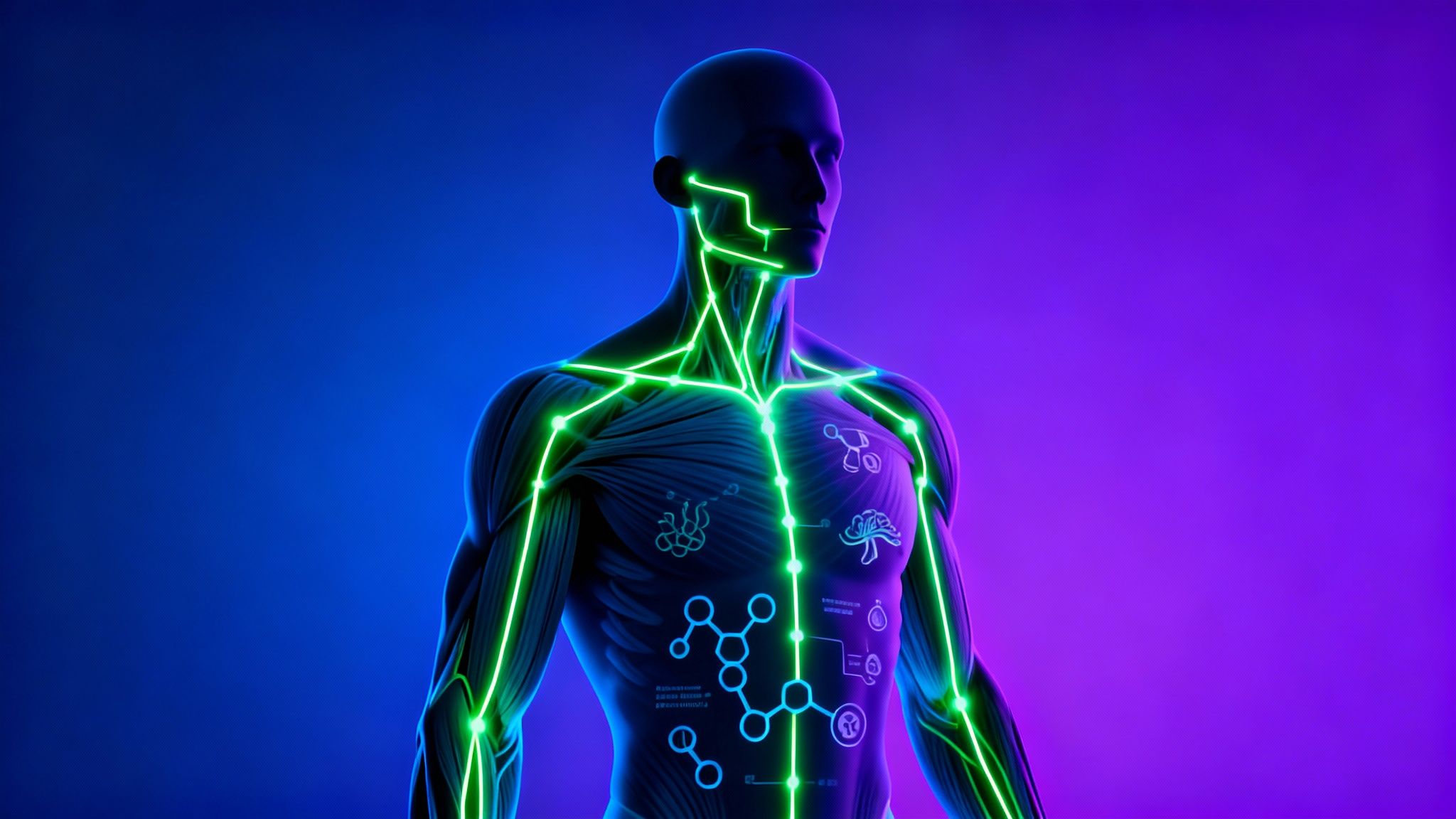 Essential amino acids flowing through a stylized human body.