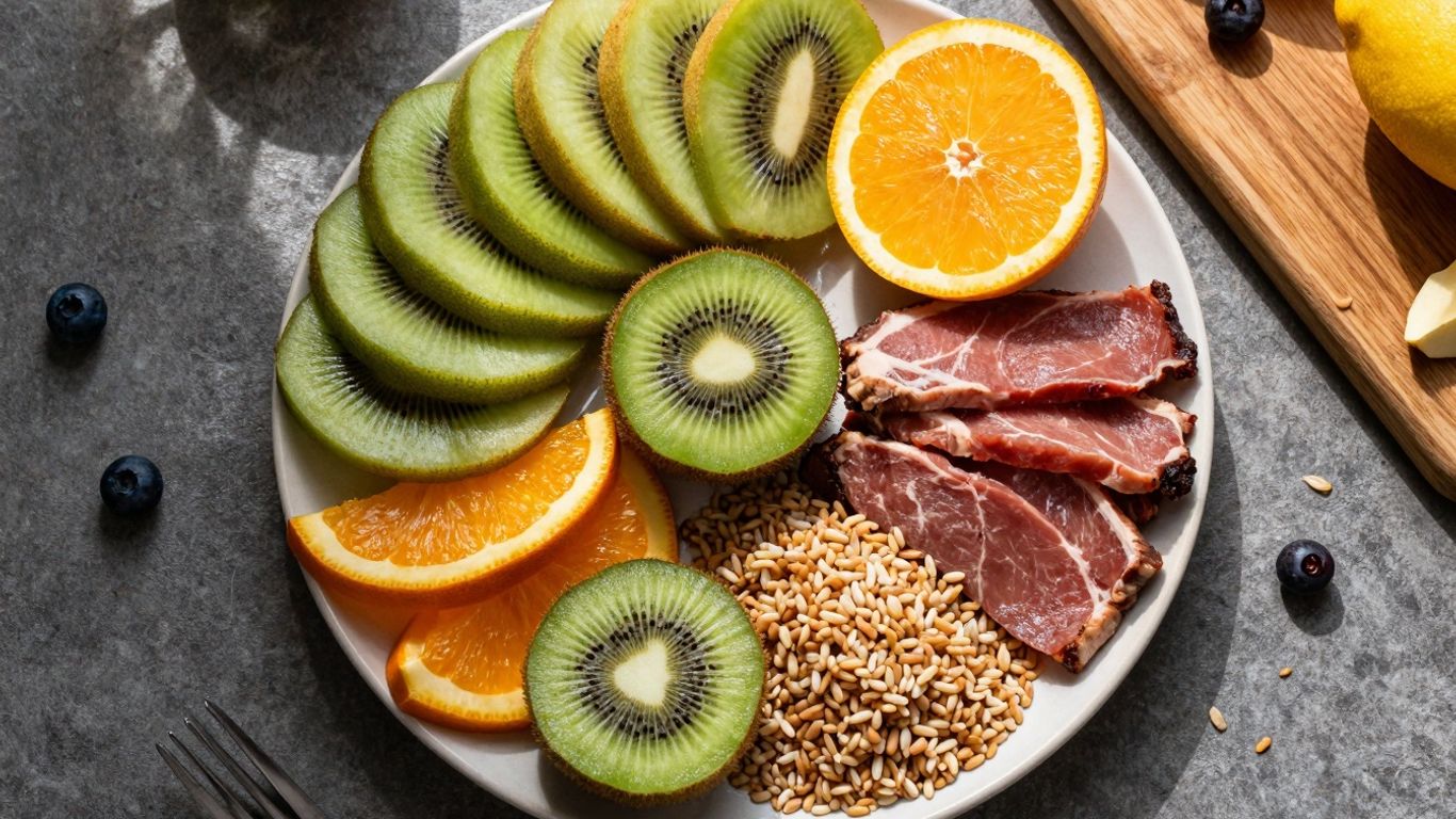 Bol cu mâncare sănătoasă, fructe, proteine și cereale integrale.