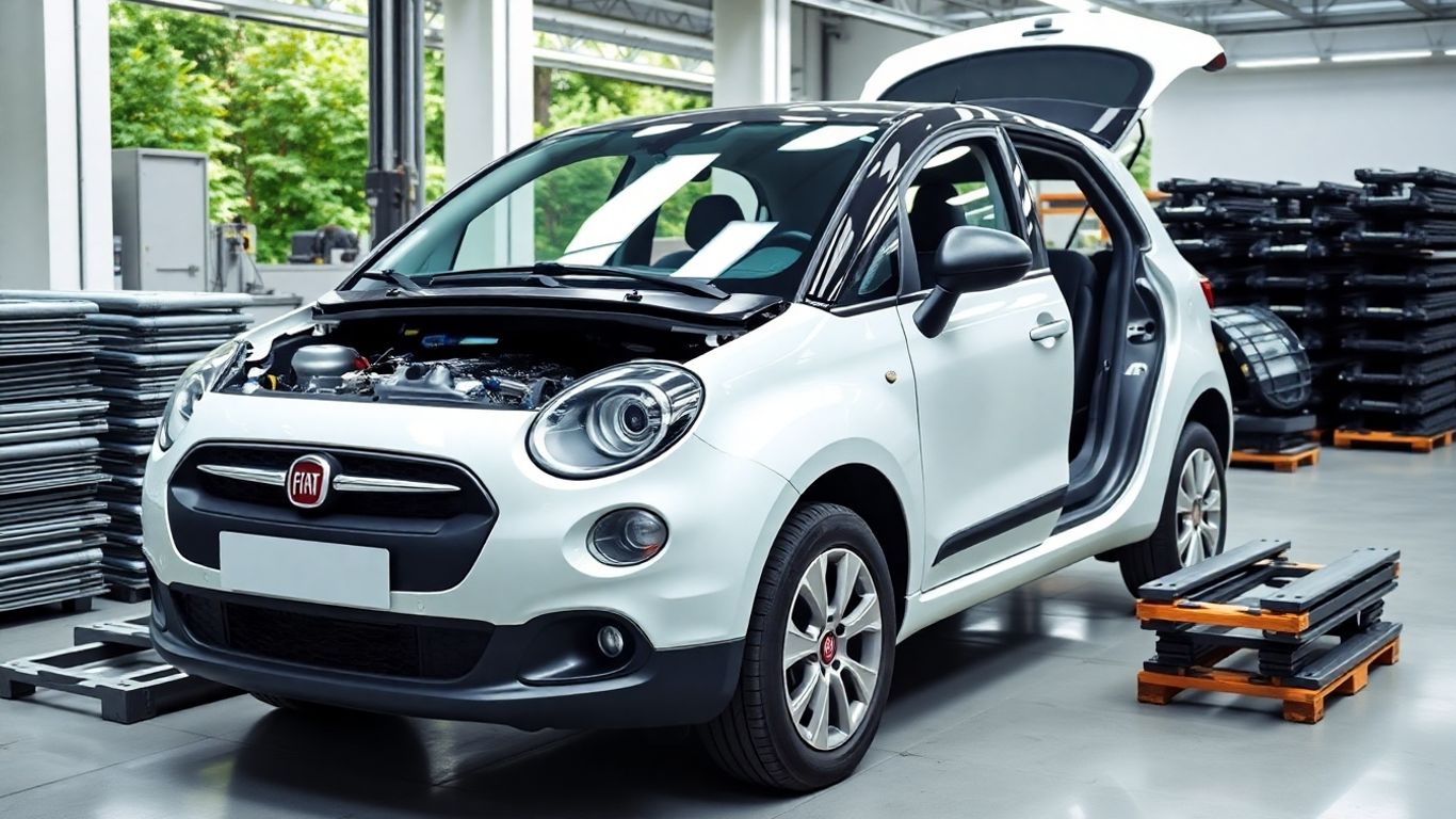 Fiat car recycling process with green foliage.