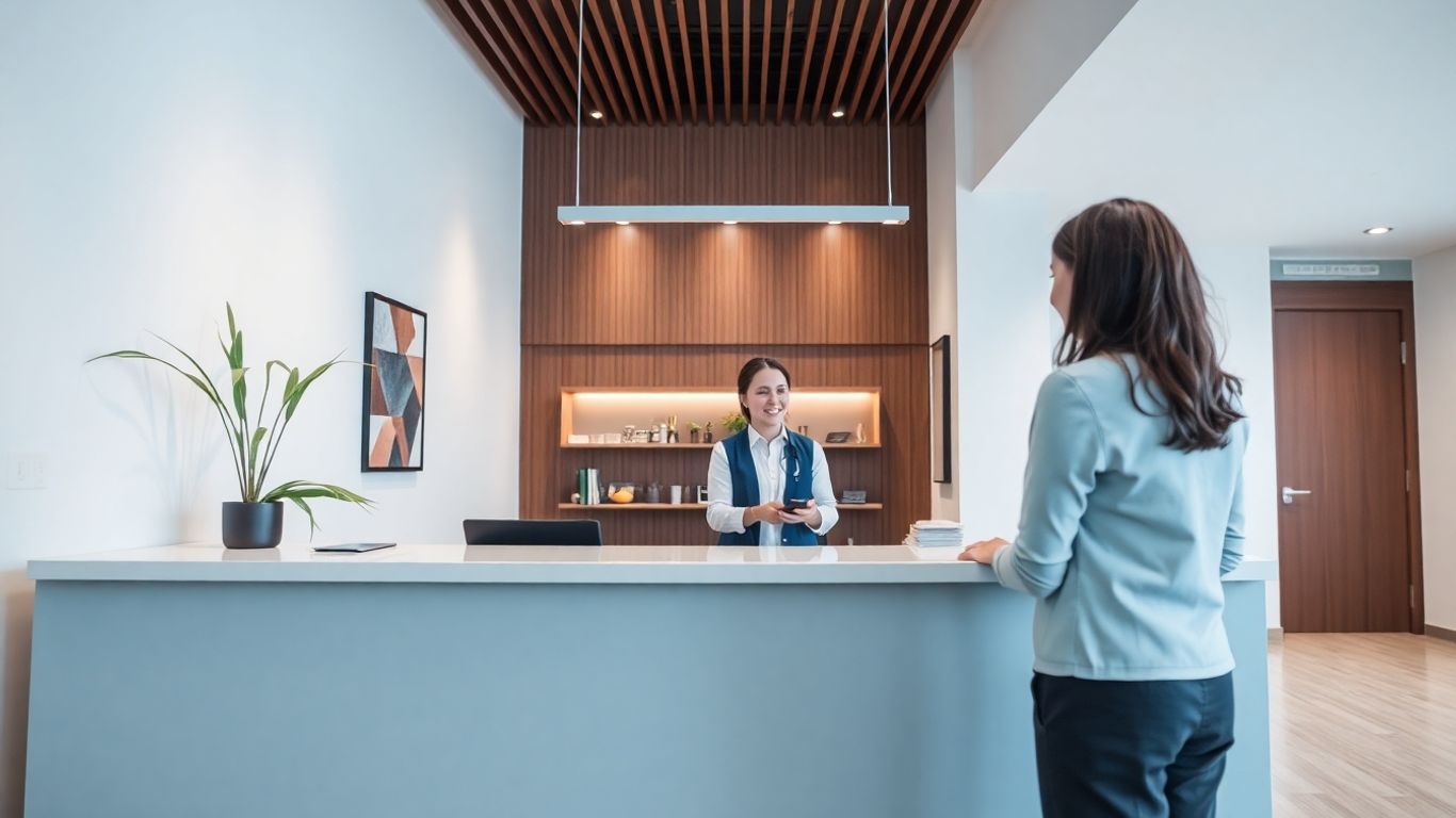 Clinic receptionist assisting a patient at a desk.