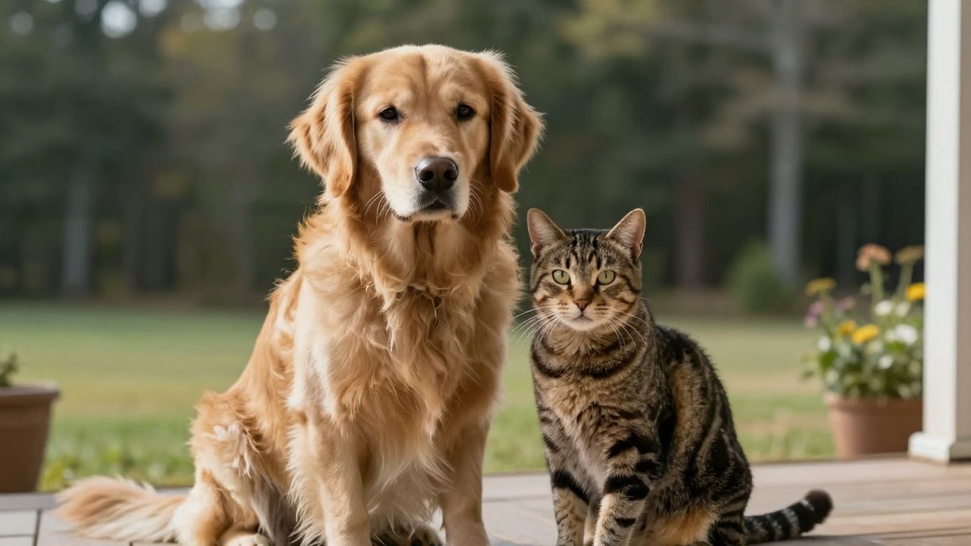 Dog and cat on porch, Arkansas background.