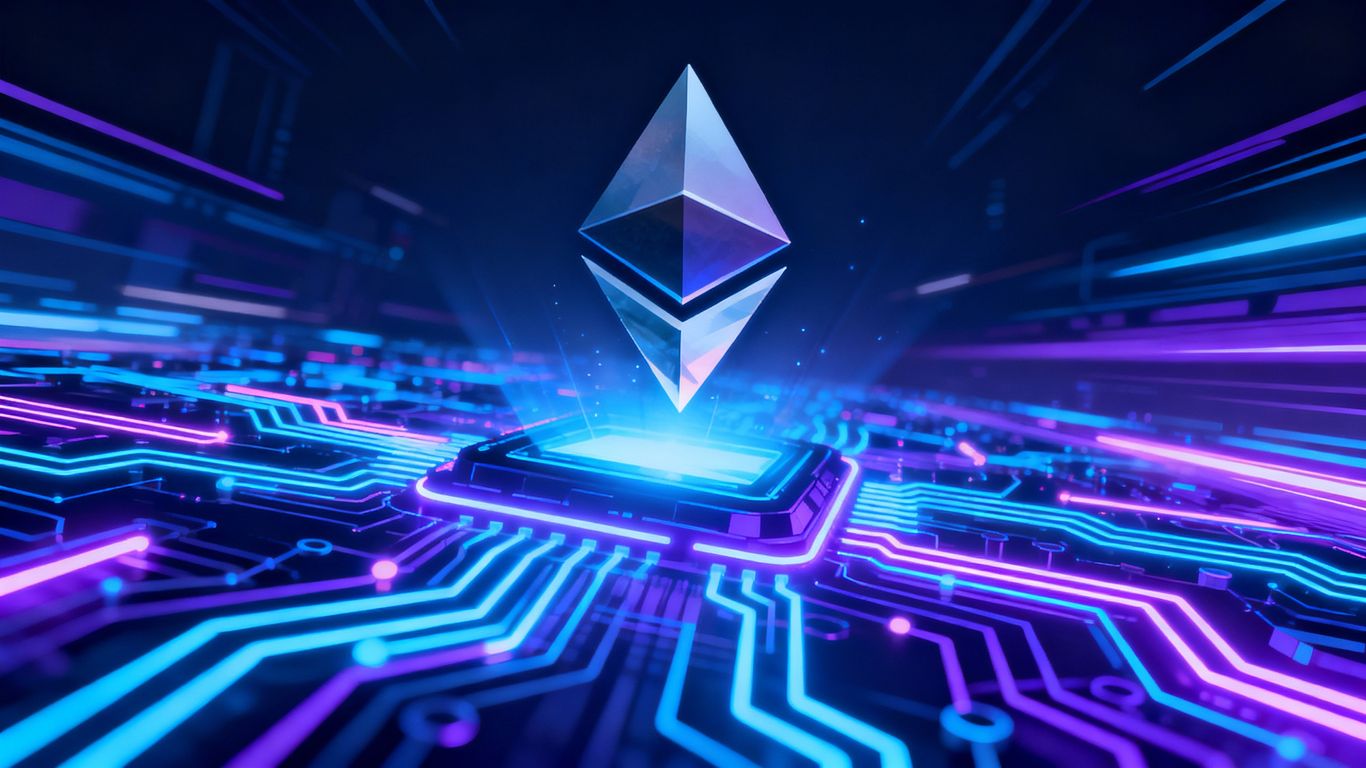 Ethereum logo glowing over futuristic blockchain network