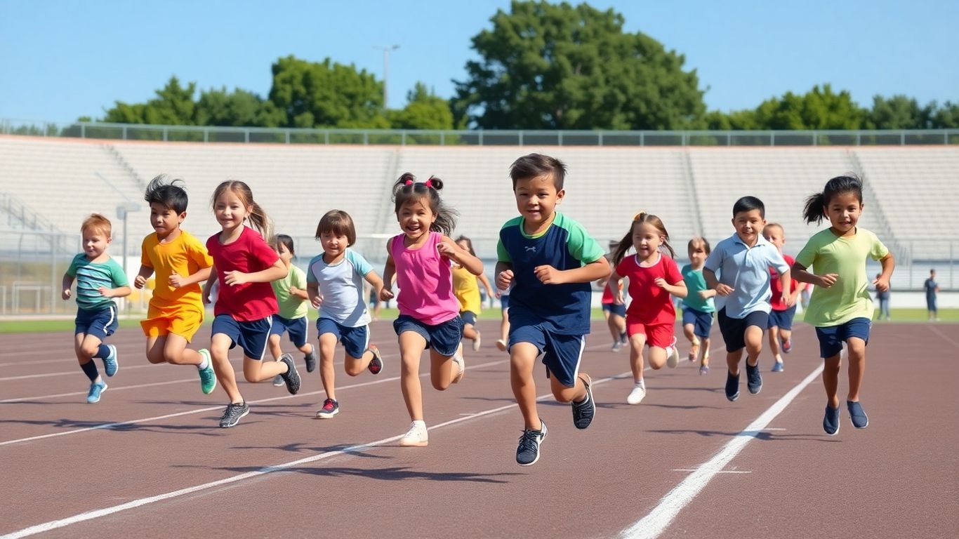 Kids running and jumping at a little athletics event.