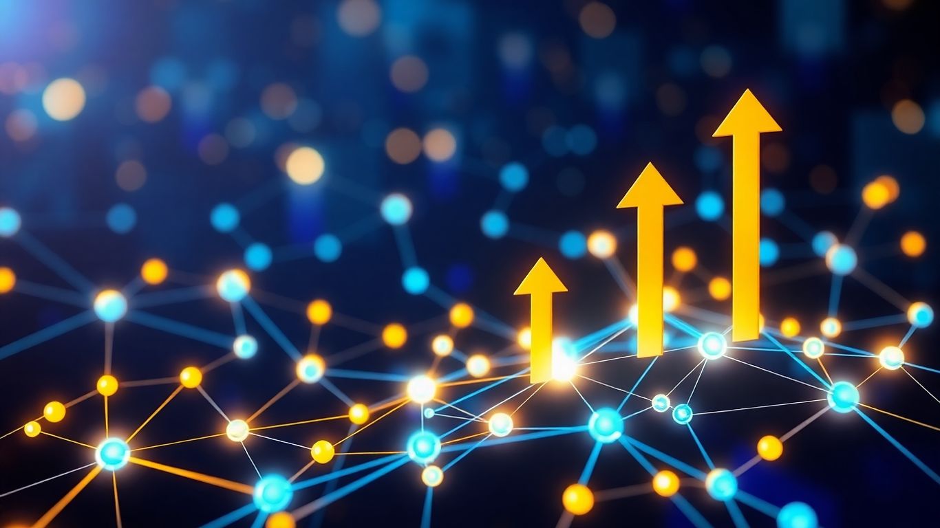 Glowing network nodes with upward pointing golden arrows.