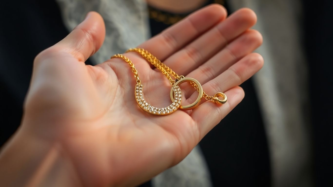 Main d'une personne tenant des bijoux en or.