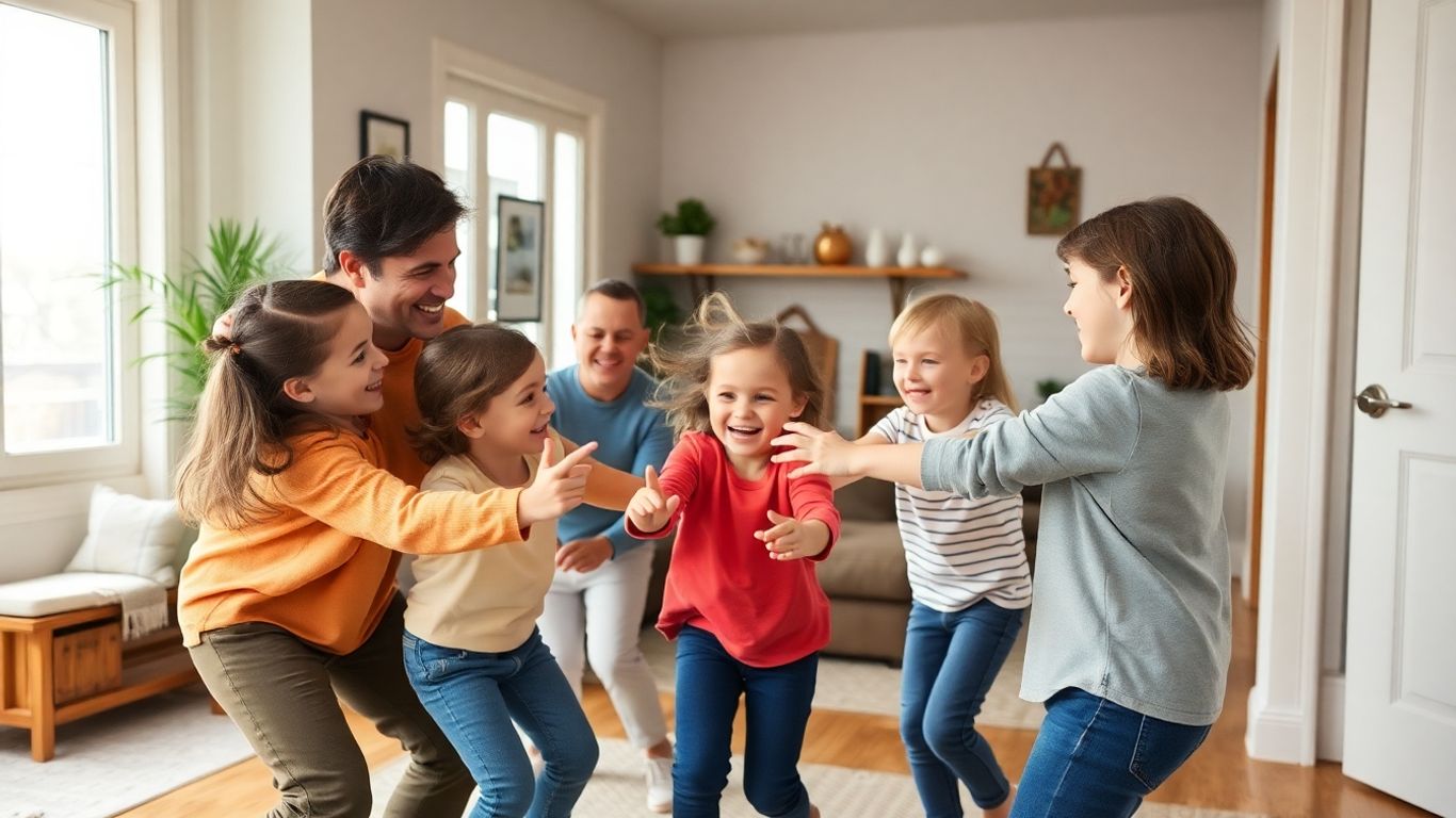 Familie spielt kooperatives Bewegungsspiel zu Hause
