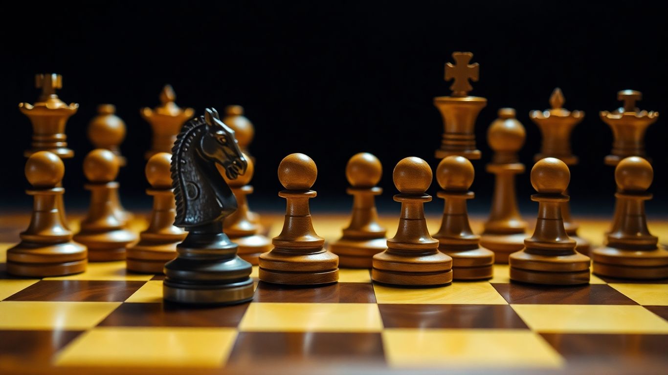 Chessboard with pieces in opening formation, knights and bishops prominent.