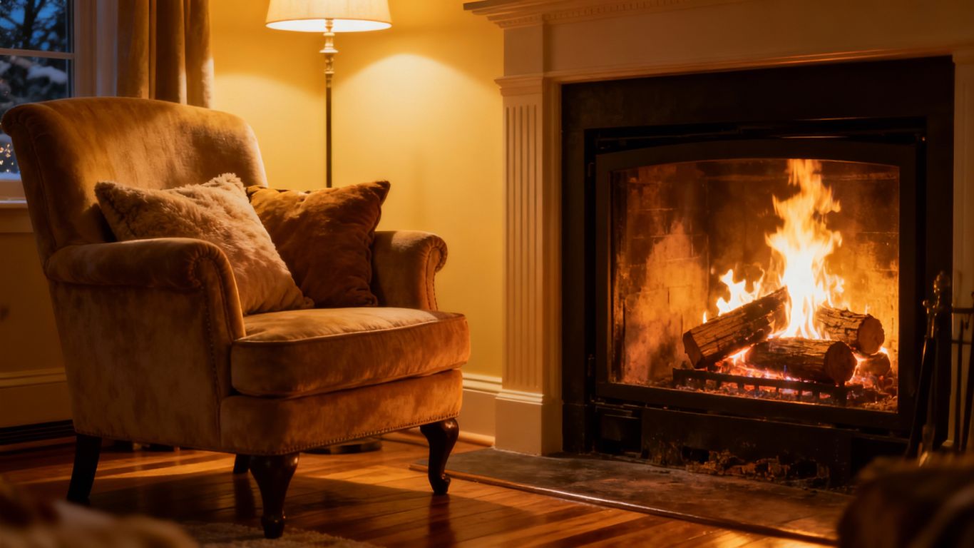 Cozy fireplace with roaring flames and comfortable seating.