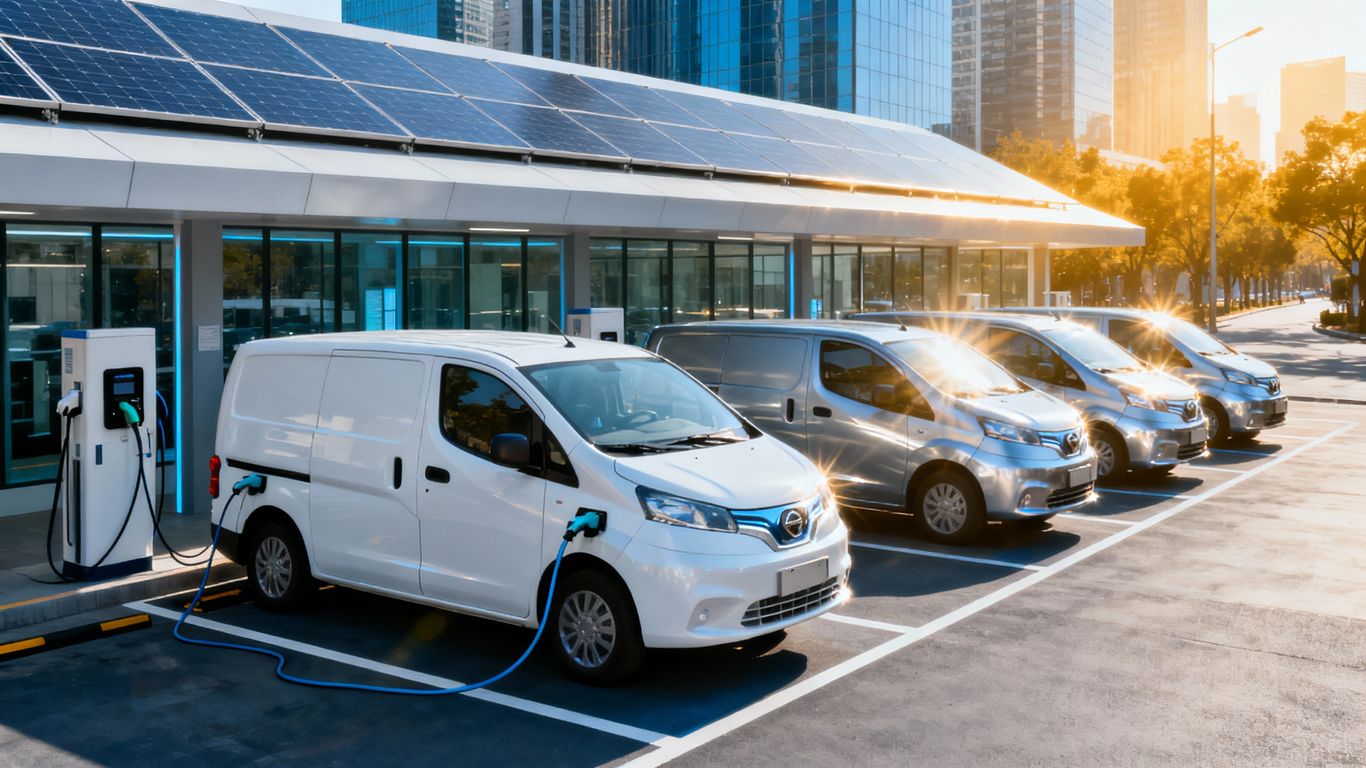 Electric vans at an urban fleet refueling station.