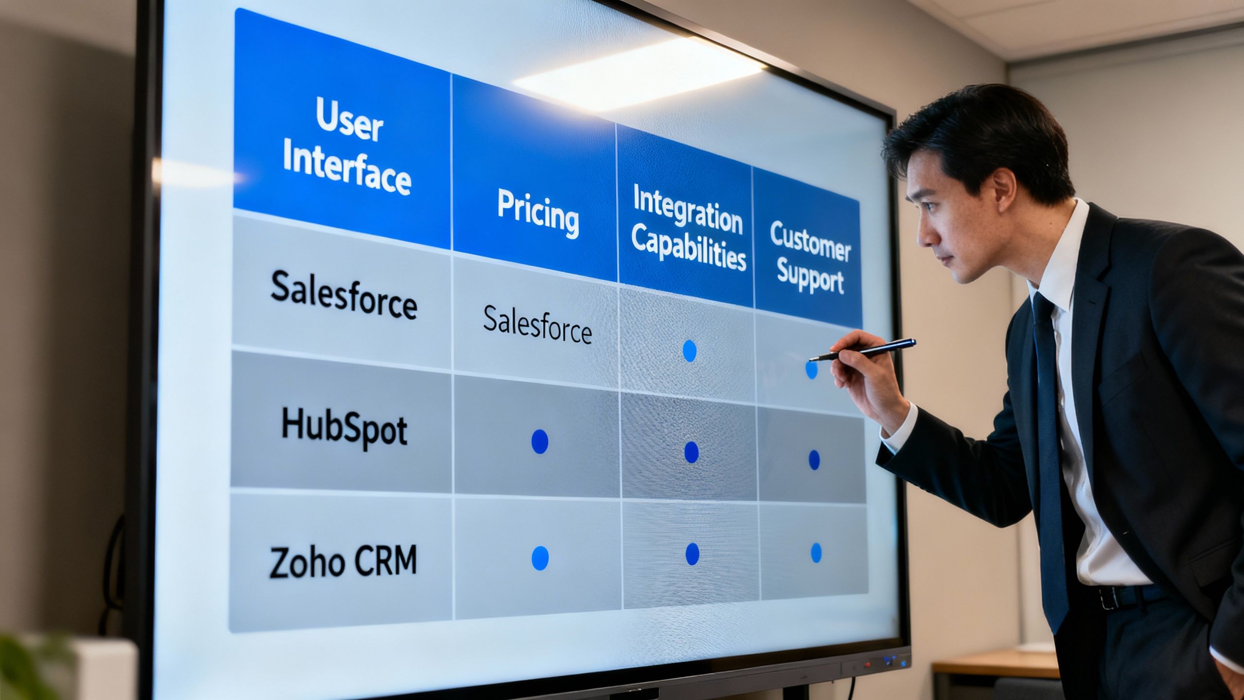 A business professional analyzing a comparison chart of different CRM software options on a large screen