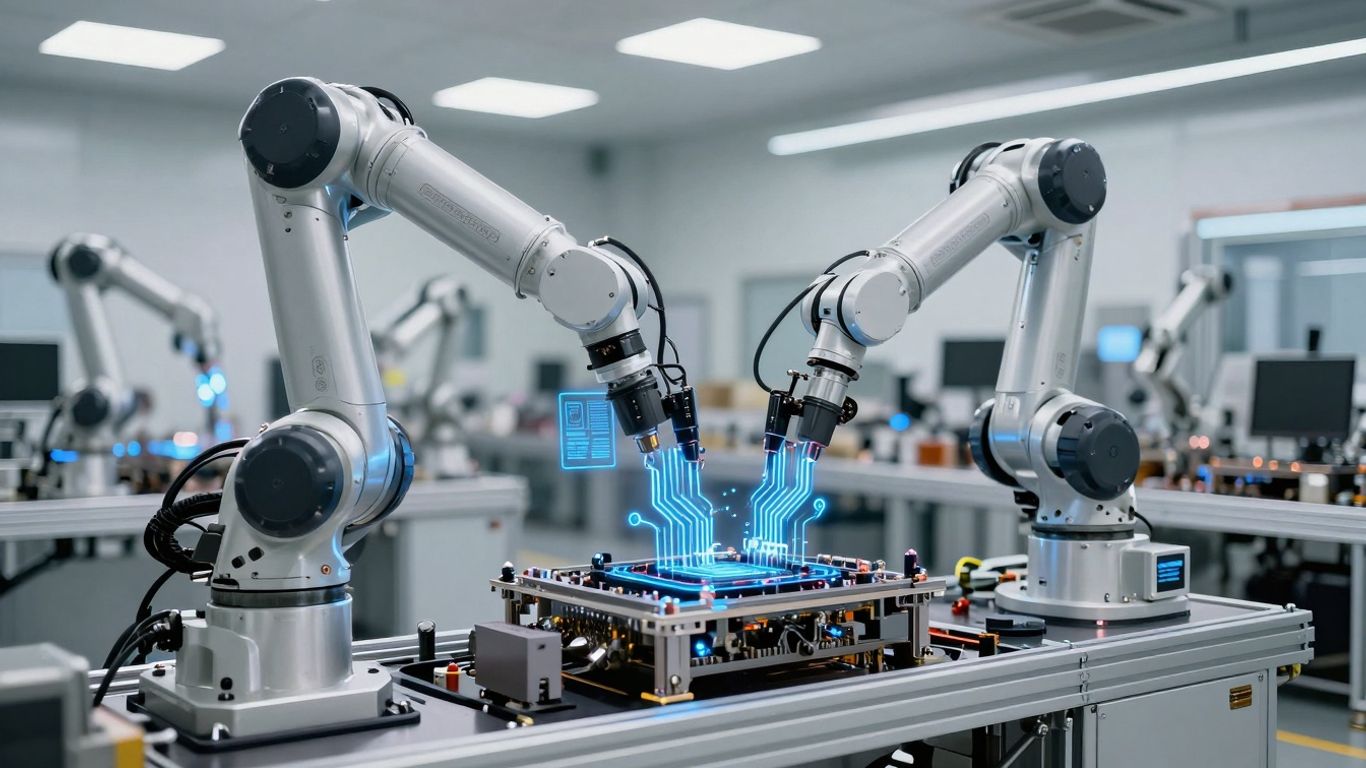 AI robots in a futuristic manufacturing plant.