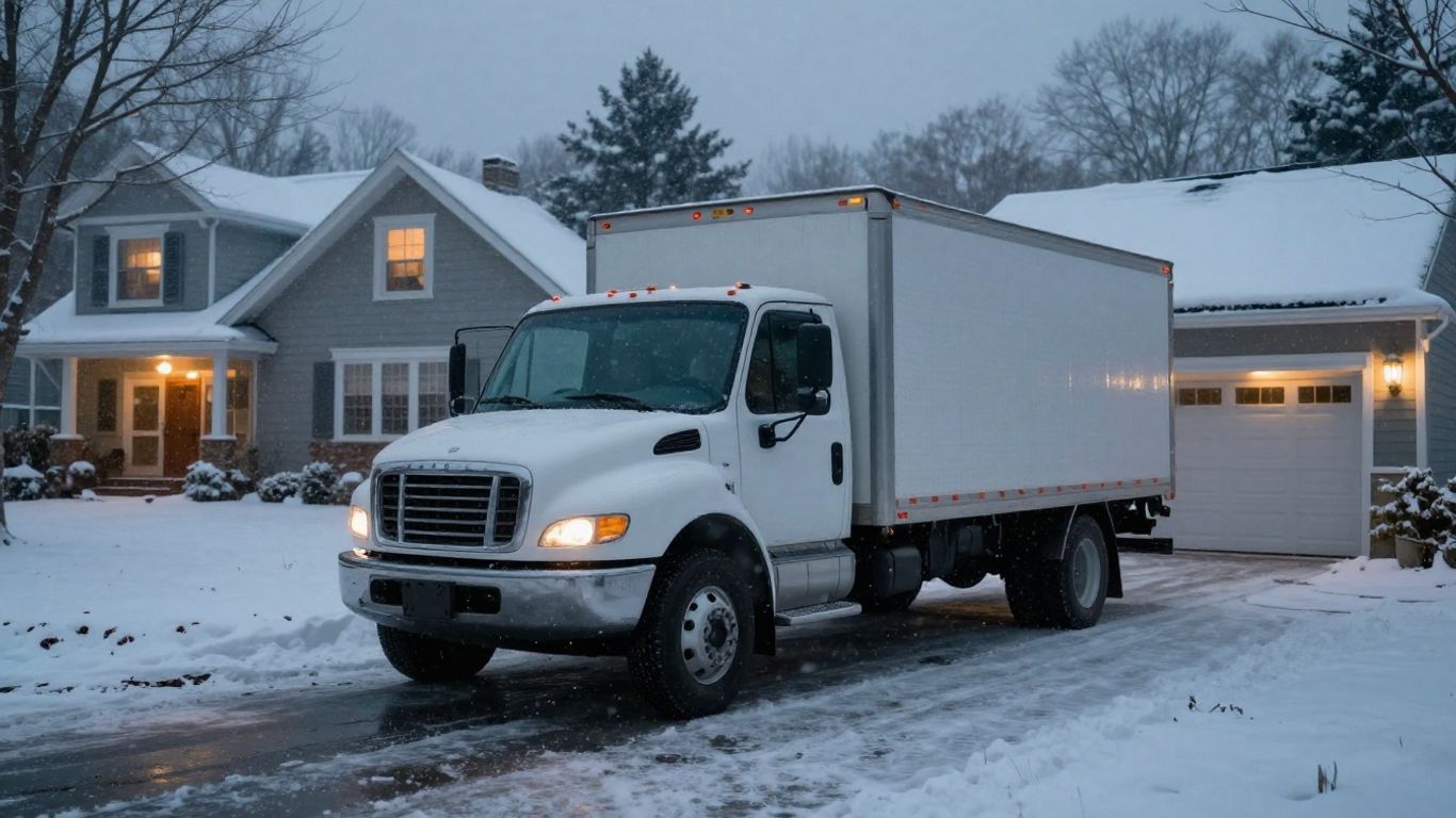 Contractor truck in snowy driveway, warm house background.