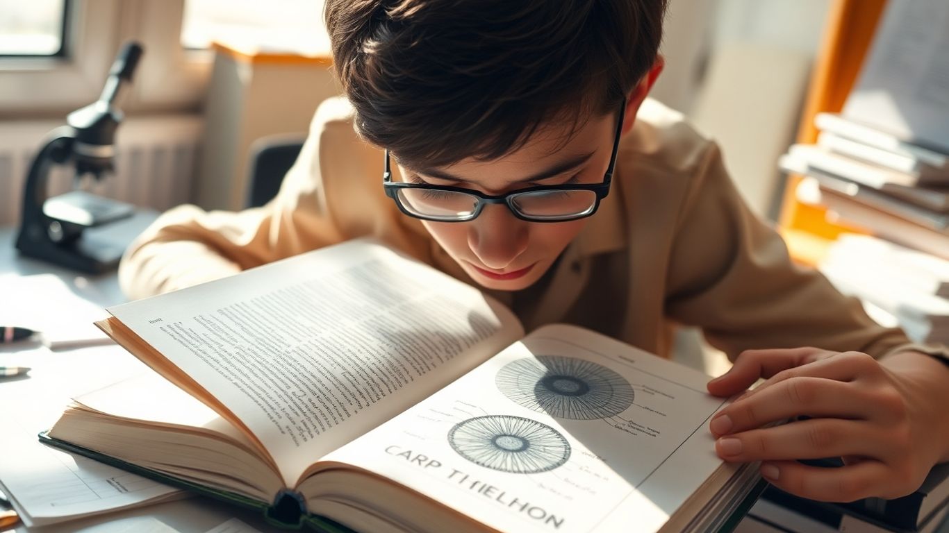 Student studying AP Biology with textbook and microscope.