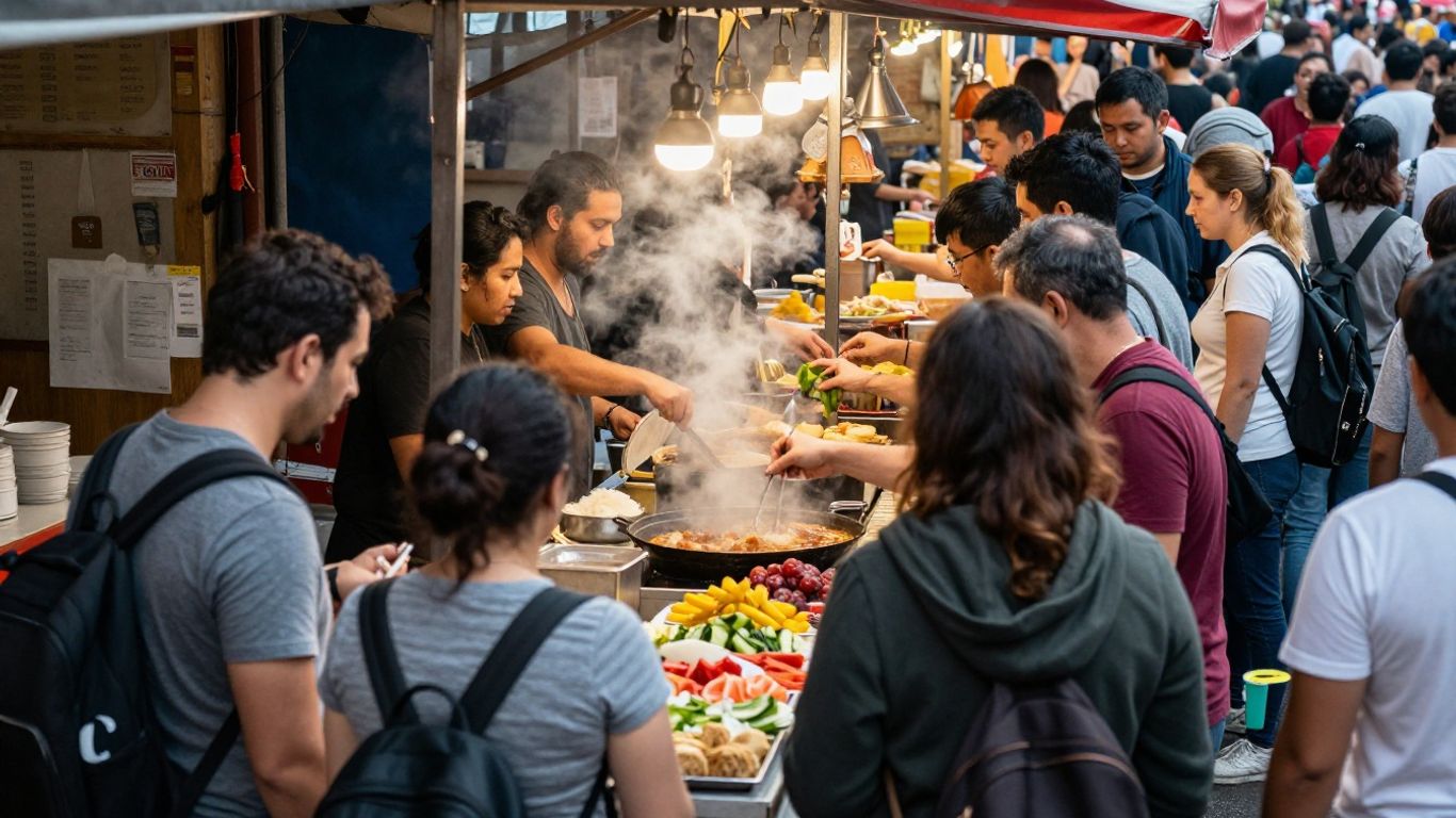 Oameni la coadă la un stand de street food aglomerat.