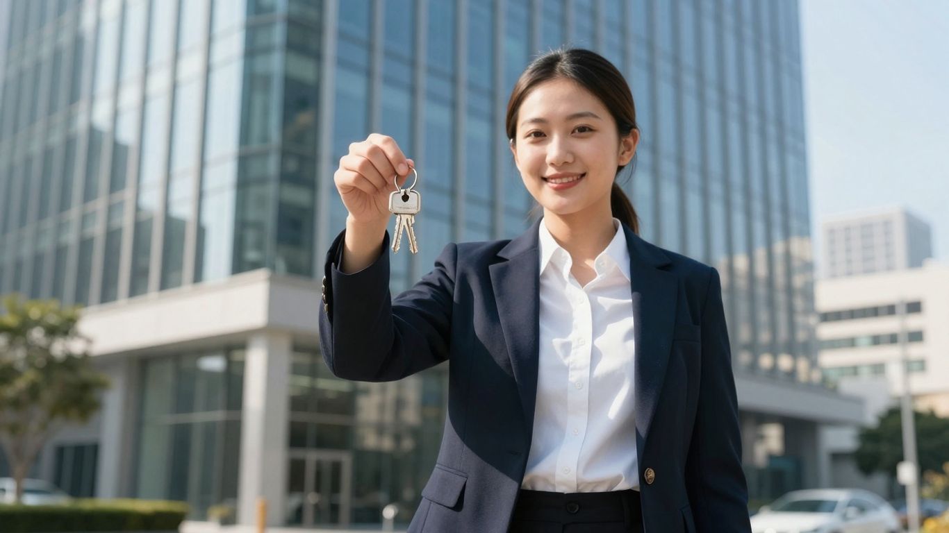California real estate broker in front of office building.