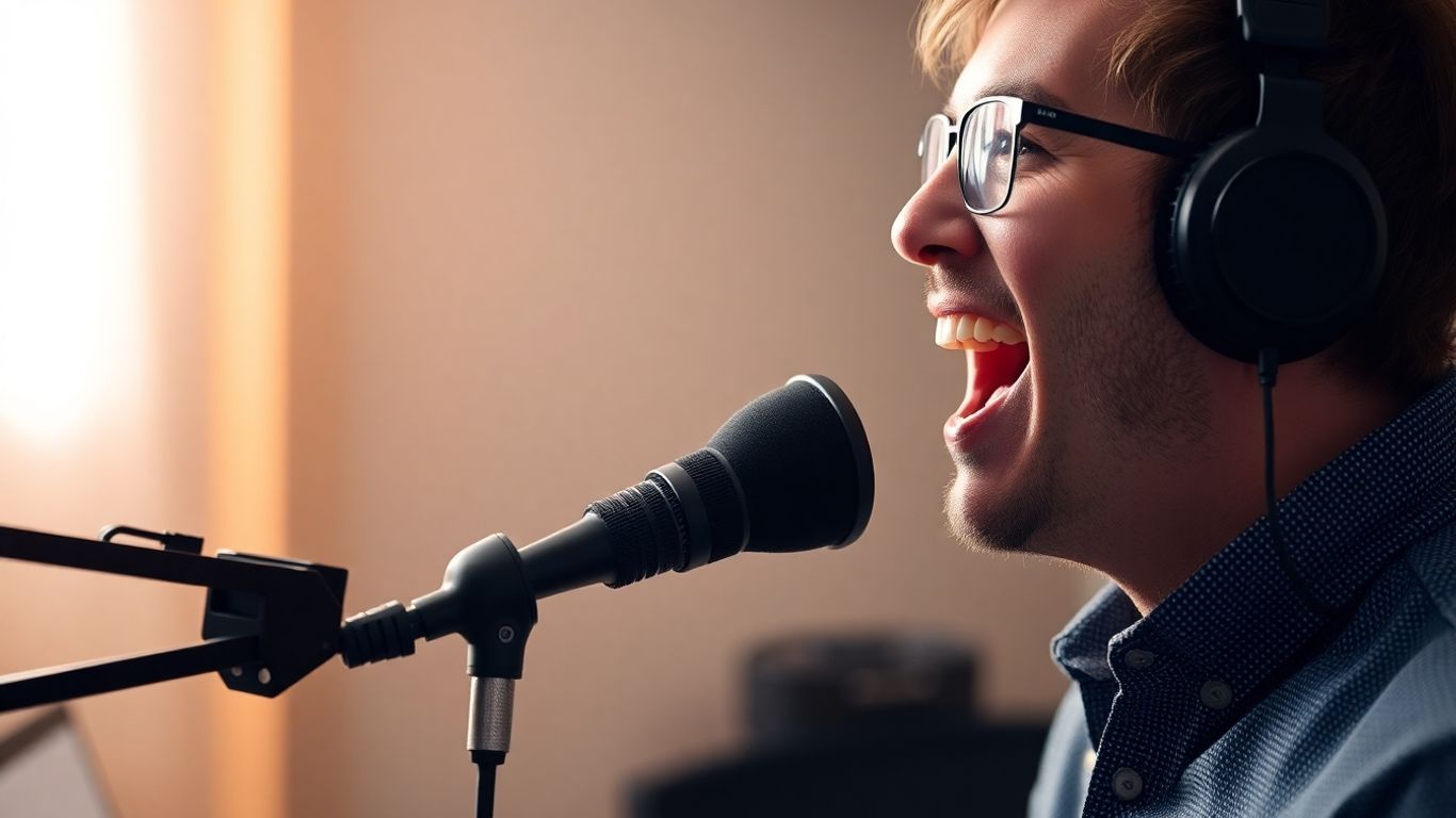 Podcast recording setup with microphone and equipment.