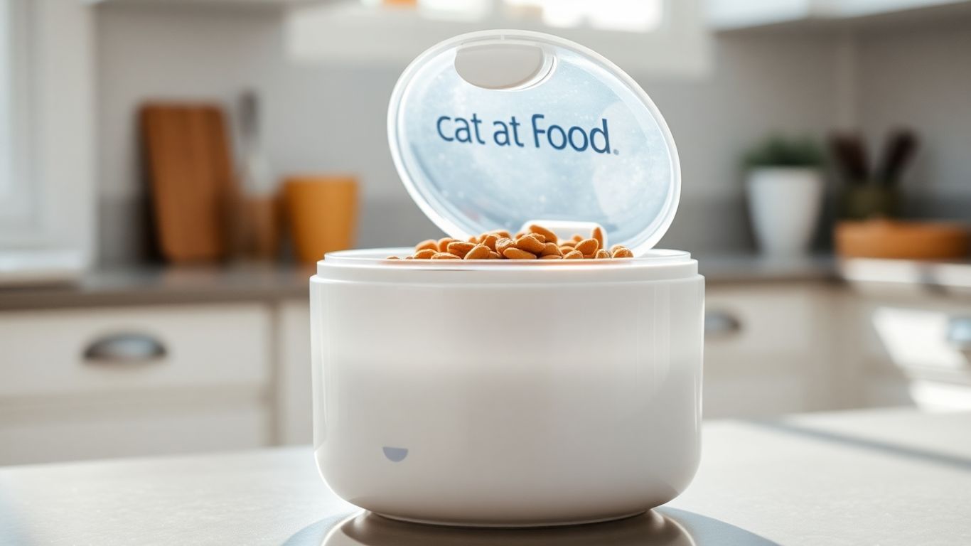 Rotating cat food storage container with kibbles on counter.
