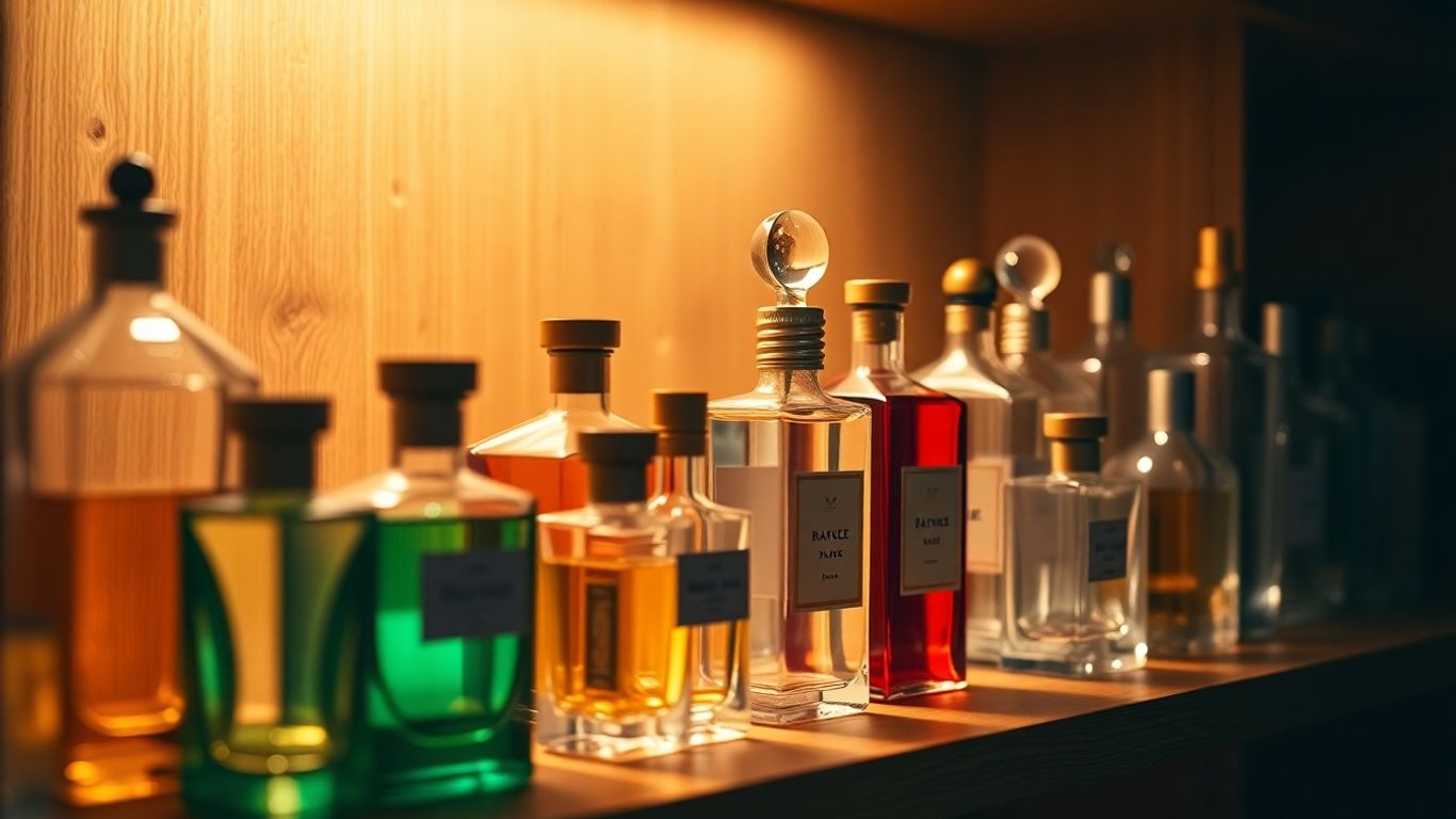 Perfume bottles on a wooden shelf in soft light.
