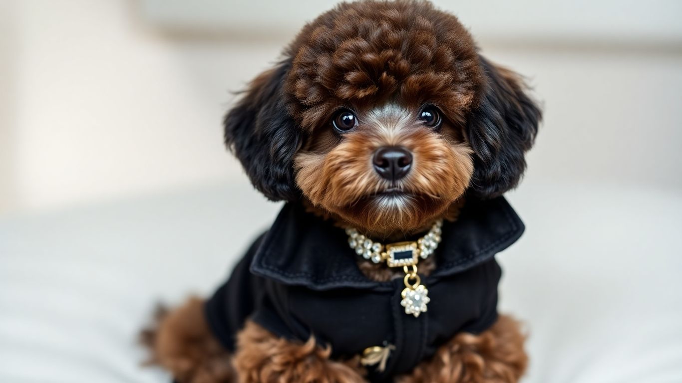 Poodle in designer jacket and jeweled collar.