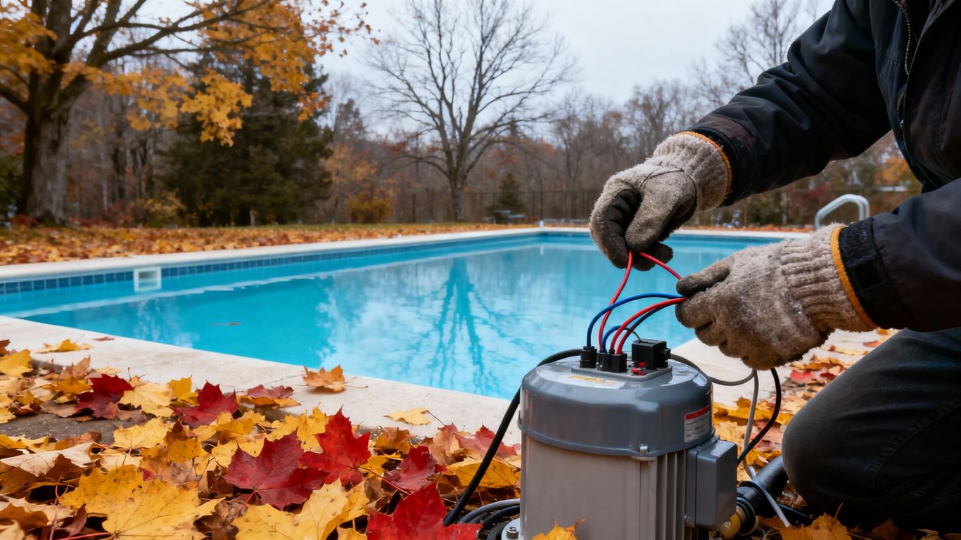 Person winterizing pool wiring outdoors in autumn weather