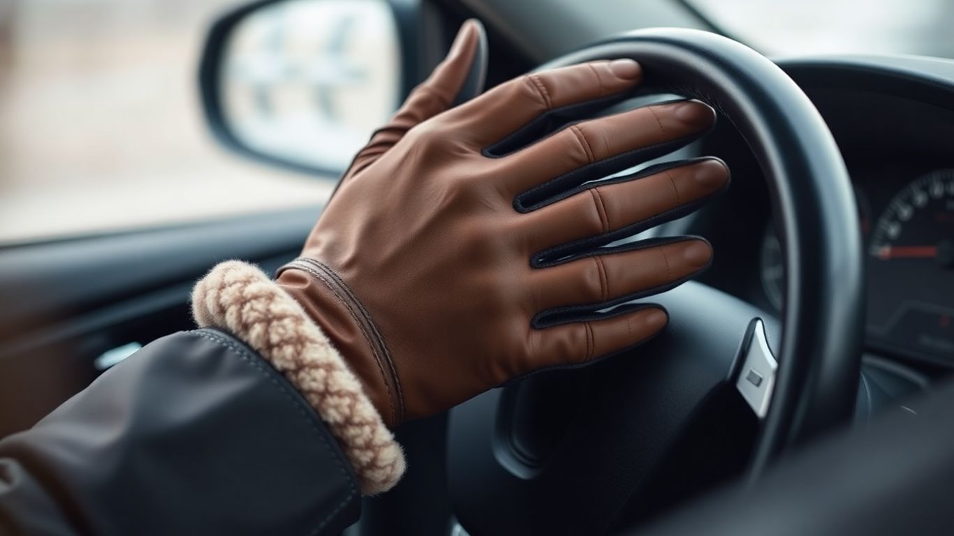 Woman wearing warm winter driving gloves.